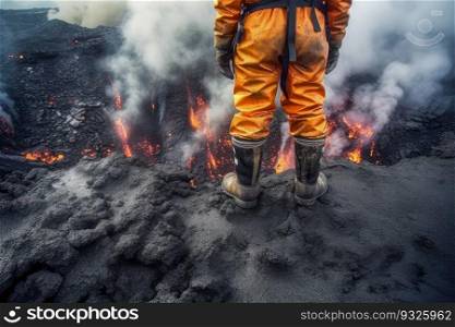 A brave volcanologist in a fire-protective suit observing flowing lava from and active vocano. Generative AI.. Volcanologist in fire-protective suit observing lava