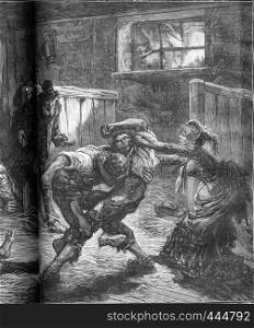 A brawl in a flophouse in London. The woman and her companions called for help. From Travel Diaries, vintage engraving, 1884-85.