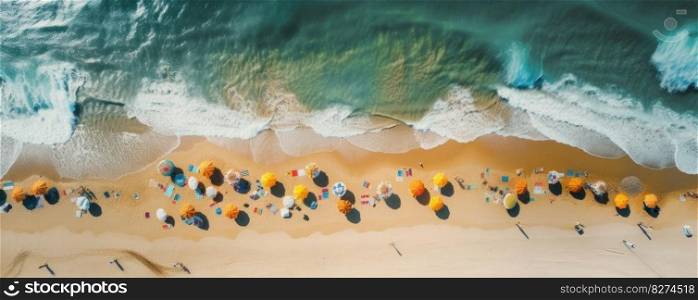 A breathtaking aerial view of a beach paradise with many colorful umbrellas and people enjoying various leisure activities is perfect for promoting a tropical resort or vacation getaway. AI Generative