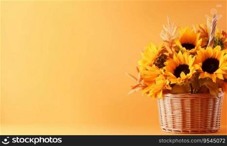 A bright bouquet of sunflowers in a straw basket on a yellow background with empty copy space. Mother&rsquo;s Day concept. Side view. Created by generative AI tools. A bright bouquet of sunflowers in a straw vase on a yellow background. Created by generative AI