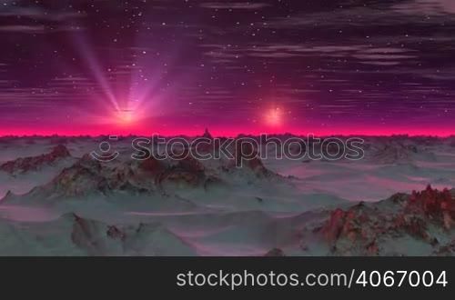 A bright star emits rotating beams. Another star slowly rises from the misty horizon. Mountains alien planet covered with snow. In the sky, bright stars and clouds. The horizon glows with a bright crimson light.