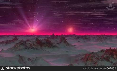 A bright star emits rotating beams. Another star slowly rises from the misty horizon. Mountains alien planet covered with snow. In the sky, bright stars and clouds. The horizon glows with a bright crimson light.