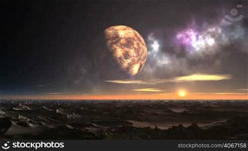 A bright sun rises over the rocky desert. Over the hazy horizon float low clouds. In the dark starry sky Nebula and a large planet (moon).