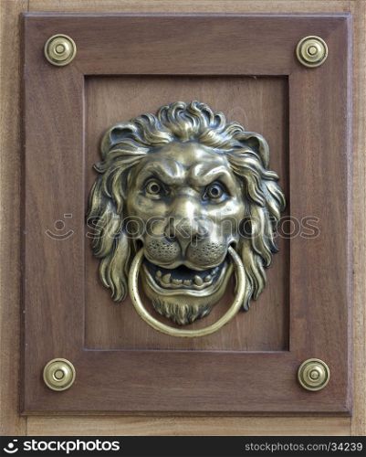 A brown door with beautiful bronze retro style carved lion head handle (knocker)