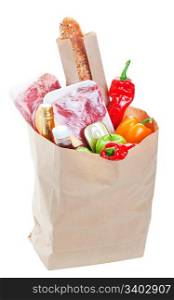 A brown paper bag stuffed with groceries. Shot on white background.
