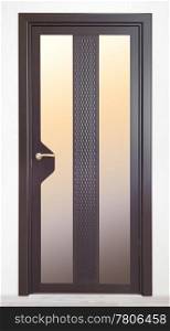 a brown wooden door with vertical glass inserts