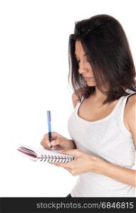 A brunette woman standing and talking nots with a blue pen incloseup, isolated for white background.. Woman talking nots.