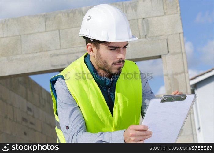 a builder holds a clipboard
