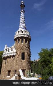 A building in Gaudi&rsquo;s Parc Guell in Barcelona in the Catalonia region of Spain. The park covers 20 hectares (50 acres) and was opened in 1922.
