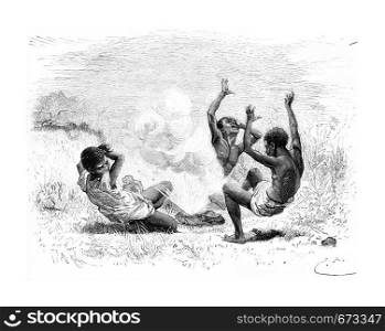 A Bullet Explodes on Three Natives in Angola, Southern Africa, drawing by Bayard based on a sketch by Serpa Pinto, vintage engraved illustration. Le Tour du Monde, Travel Journal, 1881