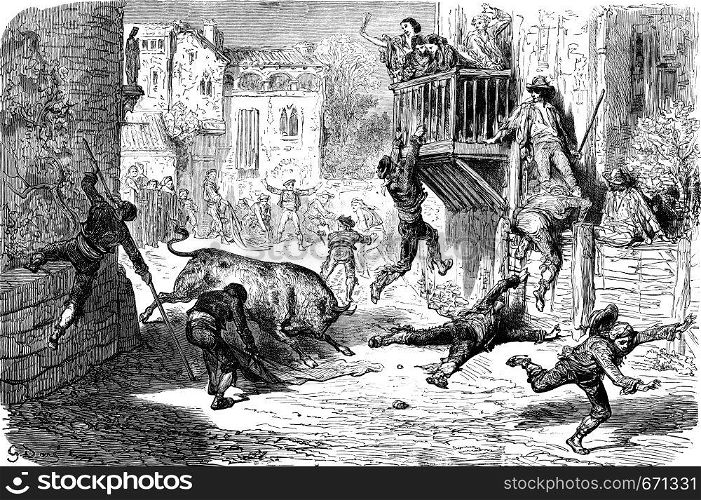 A bullfight in lugar (novillos race in a village), vintage engraved illustration. Le Tour du Monde, Travel Journal, (1865).