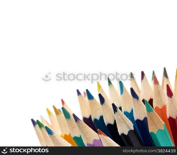 A bunch of color pencils pointing up.