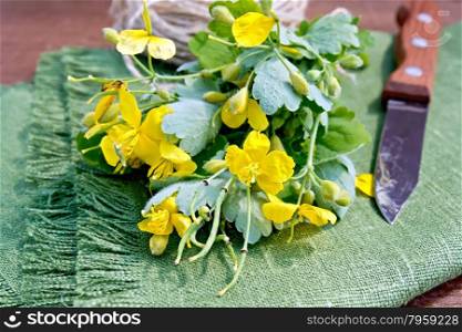 A bunch of flowers celandine, ball of twine, a knife on a green napkin on a background of wooden planks