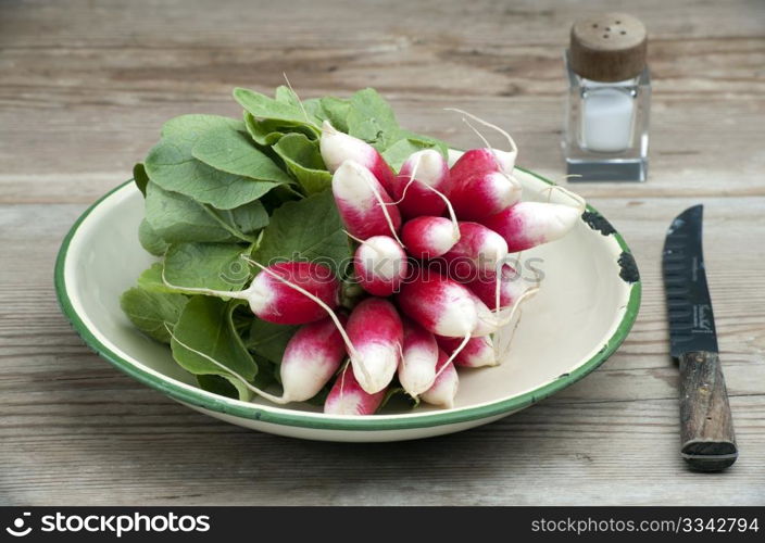 A Bunch Of Fresh French Breakfast Radish In A Enamel Dish, With A Knife and Salt Pot On A Wooden Kitchen Table