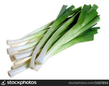 A bunch of fresh young leeks isolated on a white background.