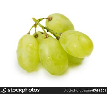 A bunch of green grapes, isolated on a white background, covered with drops of water