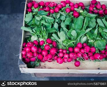 A bunch of radishes in a box at a street market