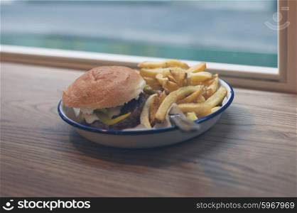 A burger and a side of fries on a plate by the window