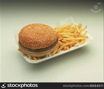 a burger on a bun with fries in a takeaway tray