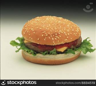a burger on a bun with salad