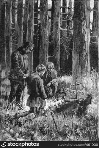 A burial in the forest. From Jules Verne Cesar Cascabel, vintage engraving, 1890.