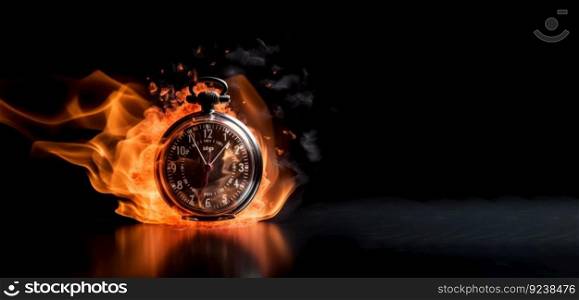 A burning alarm clock on a dark background with fiery particles, symbolizing the passage of time and approaching deadlines. Is AI Generative.