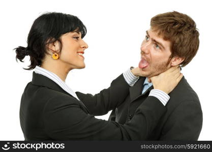 A business couple fighting isolated on white