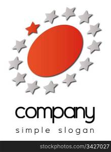 A business logo with red and grey stars around a red circle