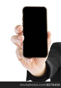 A business man is showing blank mobile phone screen. Photo is isolated over white and included clipping path.