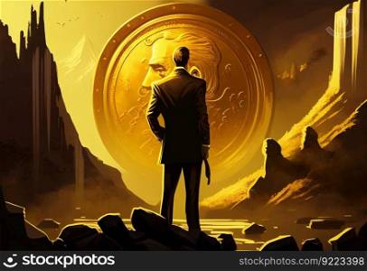 A business man looking at a big penny illustration. AI is generative.