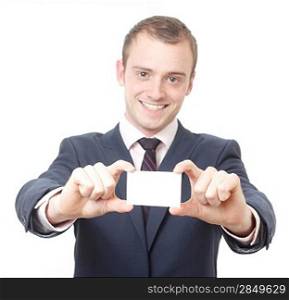 A business man presenting his blank business card
