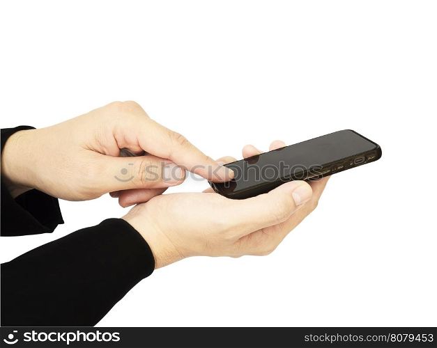 A business mas hands is using / pushing mobile phone. Photo is isolated over white and included clipping path.