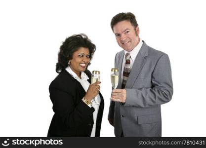 A business (or romantic) couple toasting eachother with champagne. Isolated on white.