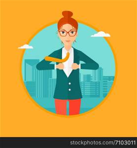 A business woman opening her jacket like superhero on the background of modern city. Business woman superhero. Vector flat design illustration in the circle isolated on background.. Business woman opening her jacket like superhero.