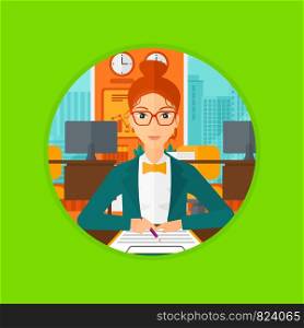 A business woman signing a business contract in office. Business woman is about to sign a business contract. Vector flat design illustration in the circle isolated on background.. Signing of business contract.