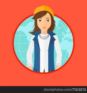 A business woman standing on a world map background. Business woman taking part in global business. Global business concept. Vector flat design illustration in the circle isolated on background.. Business woman taking part in global business.