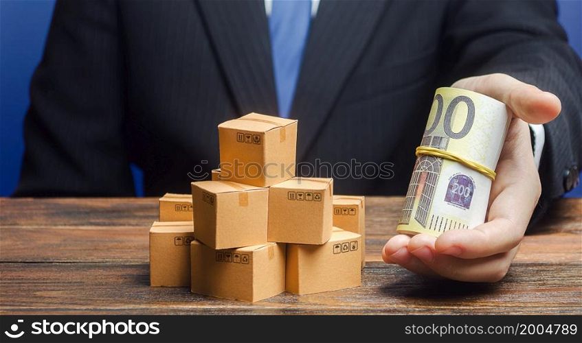 A businessman makes an offer of payment in euros for boxes goods. Superprofits. Investments financing in production, taxes, income revenues. Trade and exchange goods, offers for cooperation. Profit