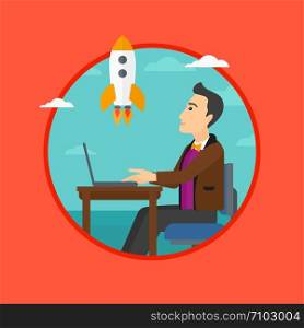A businessman sitting at the table in front of laptop and looking at a flying rocket. Business start up concept. Vector flat design illustration in the circle isolated on background.. Business start up.