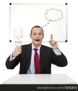 A businessman, smartly dressed in a suit, holding a lamp, illustrating the idea and innovation process. On the whiteboard behind him, a schematic innovation funnel is drawn