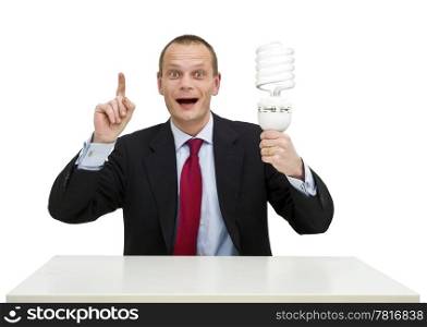 A businessman, smartly dressed in a suit, holding a lamp, illustrating the idea and innovation process. On the whiteboard behind him, a schematic innovation funnel is drawn