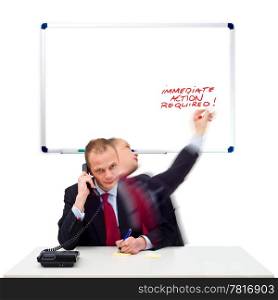 A businessman taking immediate action after receiving a telephone call from a client