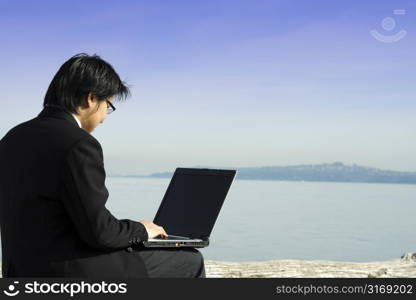 A businessman working on his laptop at the beach