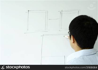 A businessman writing and planning on a white board