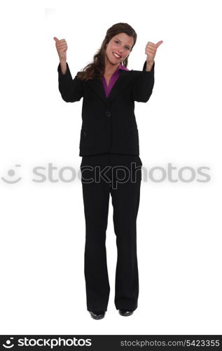 A businesswoman giving both thumbs up.