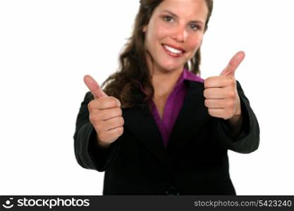 A businesswoman giving the thumbs up.