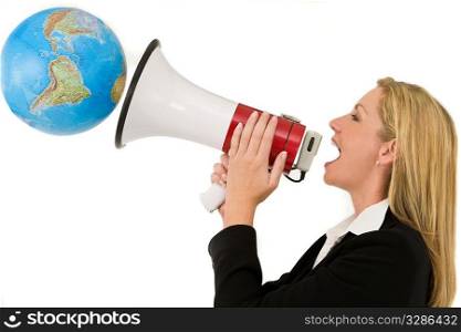 A businesswoman shouting at the world through a megaphone