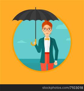 A businesswoman standing with open umbrella on the background of blue sky. A woman under open umbrella. Happy woman with umbrella. Vector flat design illustration in the circle isolated on background.. Business woman with umbrella.
