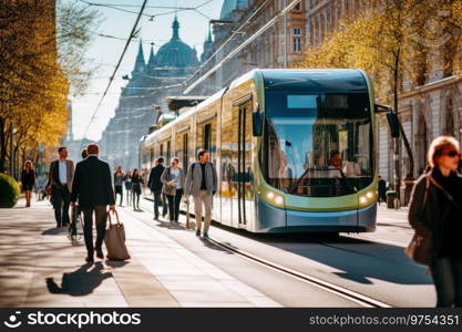 A bustling city with electric buses and trams promoting urban sustainability