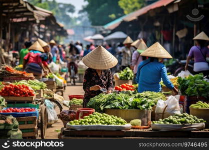 A bustling market with vendors selling fresh produce and local goods