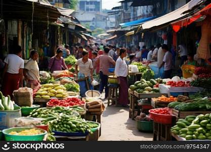 A bustling market with vendors selling fresh produce and local goods